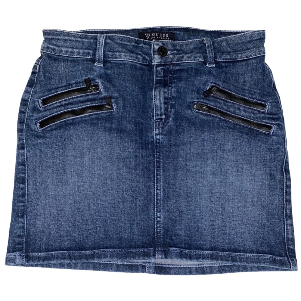 GUESS Size 27 Dark Wash Denim Mini Skirt W/Blazk Zipper Accents